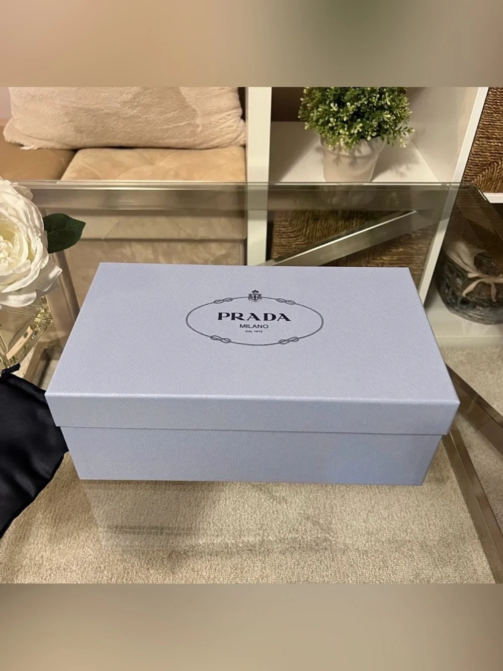 Prada Black Shoe Dust Bags with Light Blue Box